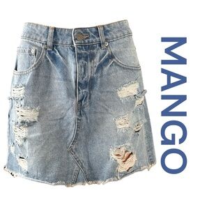 MANGO Blue Denim Distressed Mini Skirt, Size 8.